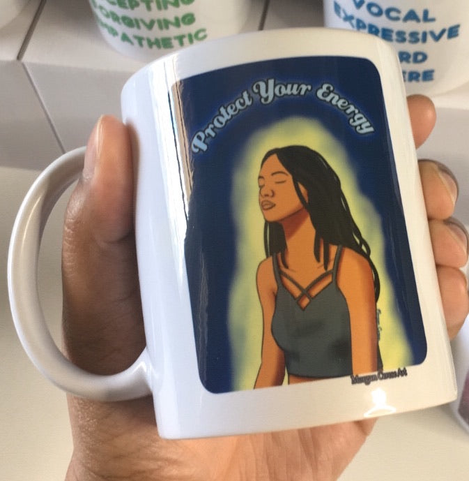 Protect Your Energy (Version 1) Mug - Black Woman With Locs Meditation Art - Morgan Cerese Art