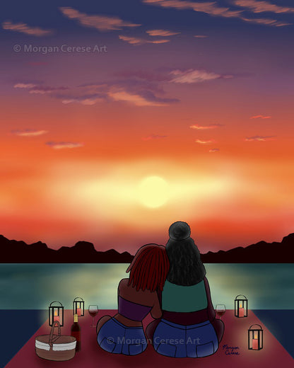 Love Of My Life 11"x14" Print - Black Lesbian Art Two Women Watching Sunset - Morgan Cerese Art