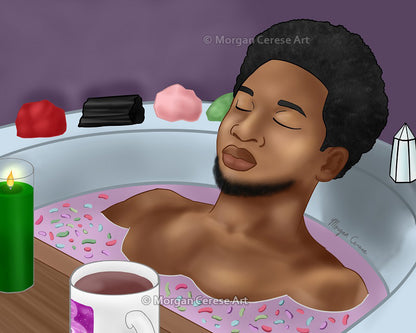 Self Care Art Print - Black Man Taking Spiritual Bath Art - Morgan Cerese Art