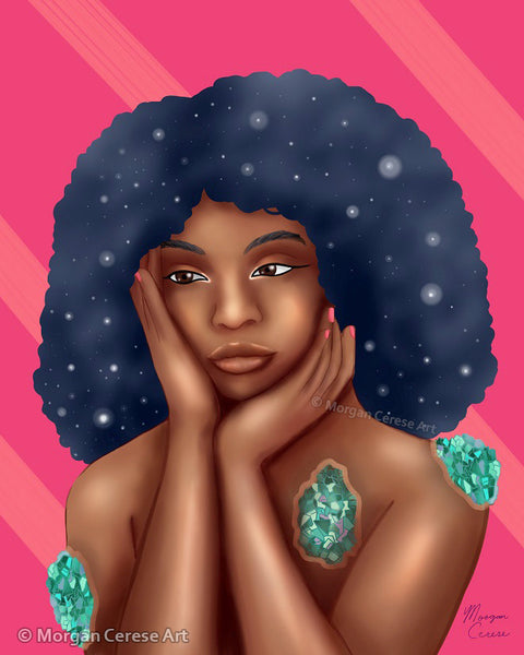 Luminous Art Print - Beautiful Black Women With Galaxy Afro Artwork - Morgan Cerese Art