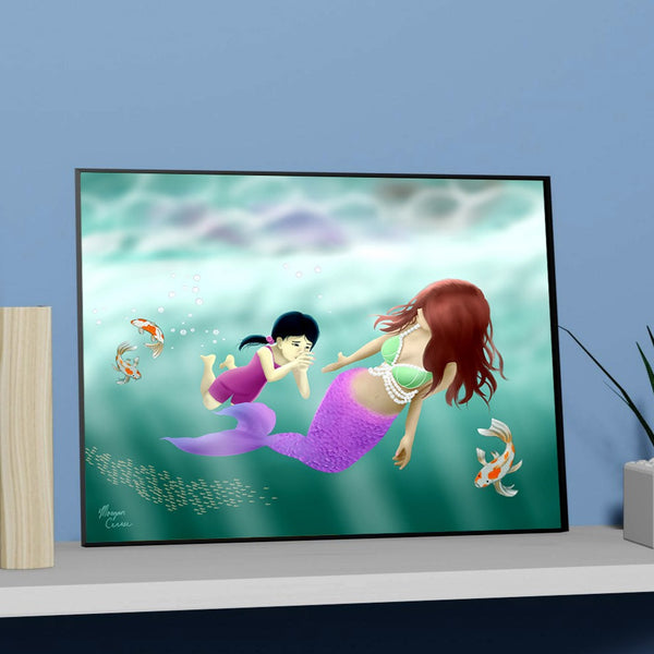 Swimming Lesson Art Print - Mermaid Little Girl Koi Fish Artwork - Morgan Cerese Art