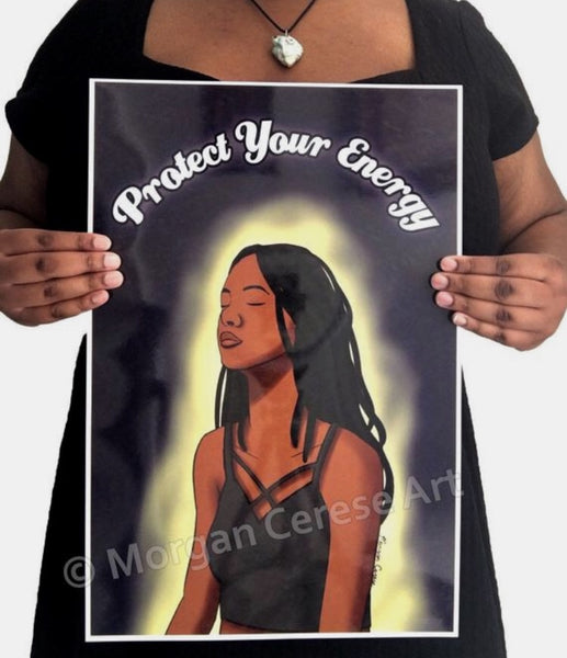 Protect Your Energy Limited Edition Holographic 12"x18" Art Print - Black Woman With Locs Meditation Art - Morgan Cerese Art
