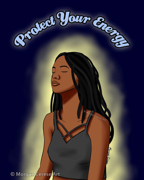 Protect Your Energy Limited Edition Holographic 12"x18" Art Print - Black Woman With Locs Meditation Art - Morgan Cerese Art