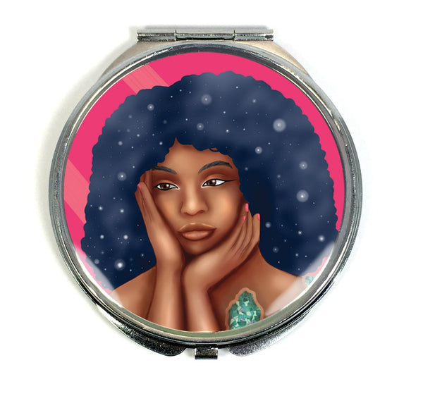 Luminous Compact Mirror - Beautiful Black Women With Galaxy Afro Artwork - Morgan Cerese Art