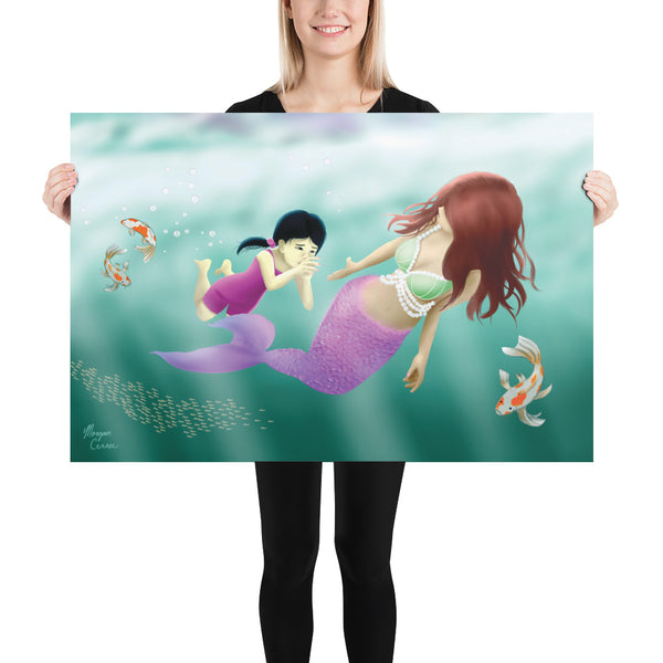 Swimming Lesson Photo Paper Poster - Mermaid Little Girl Koi Fish Artwork - Morgan Cerese Art