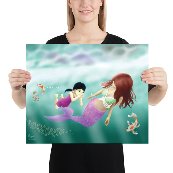 Swimming Lesson Photo Paper Poster - Mermaid Little Girl Koi Fish Artwork - Morgan Cerese Art
