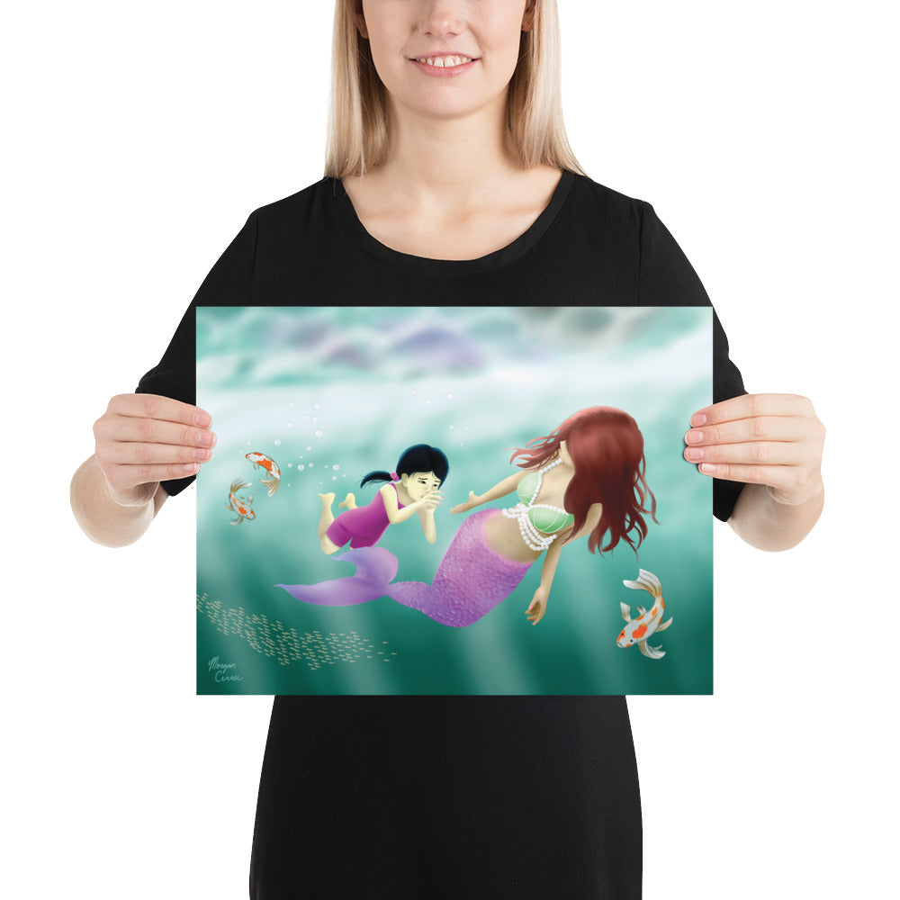 Swimming Lesson Photo Paper Poster - Mermaid Little Girl Koi Fish Artwork - Morgan Cerese Art