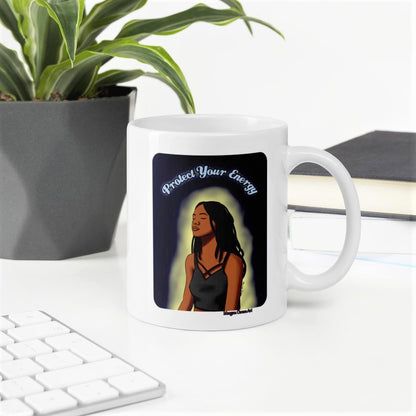 Protect Your Energy (Version 1) Mug - Black Woman With Locs Meditation Art - Morgan Cerese Art