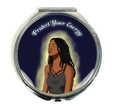 Protect Your Energy Compact Mirror - Black Woman With Locs Meditation Art - Morgan Cerese Art