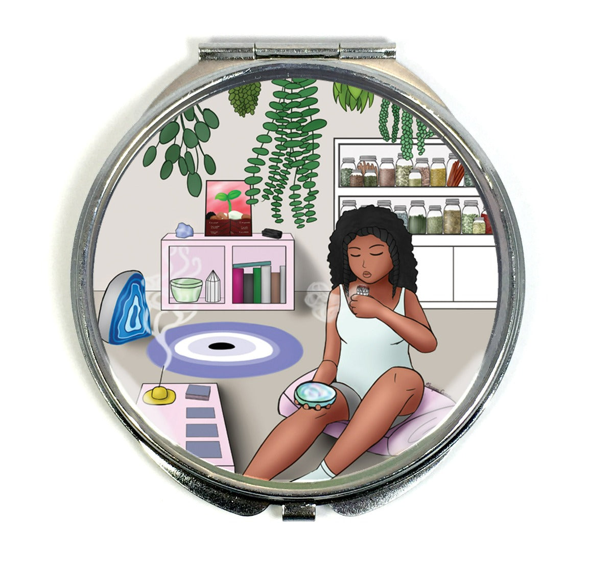 Safe Space Compact Mirror - Black Woman With Natural Hair Burning Sage With Tarot & Crystals - Morgan Cerese Art