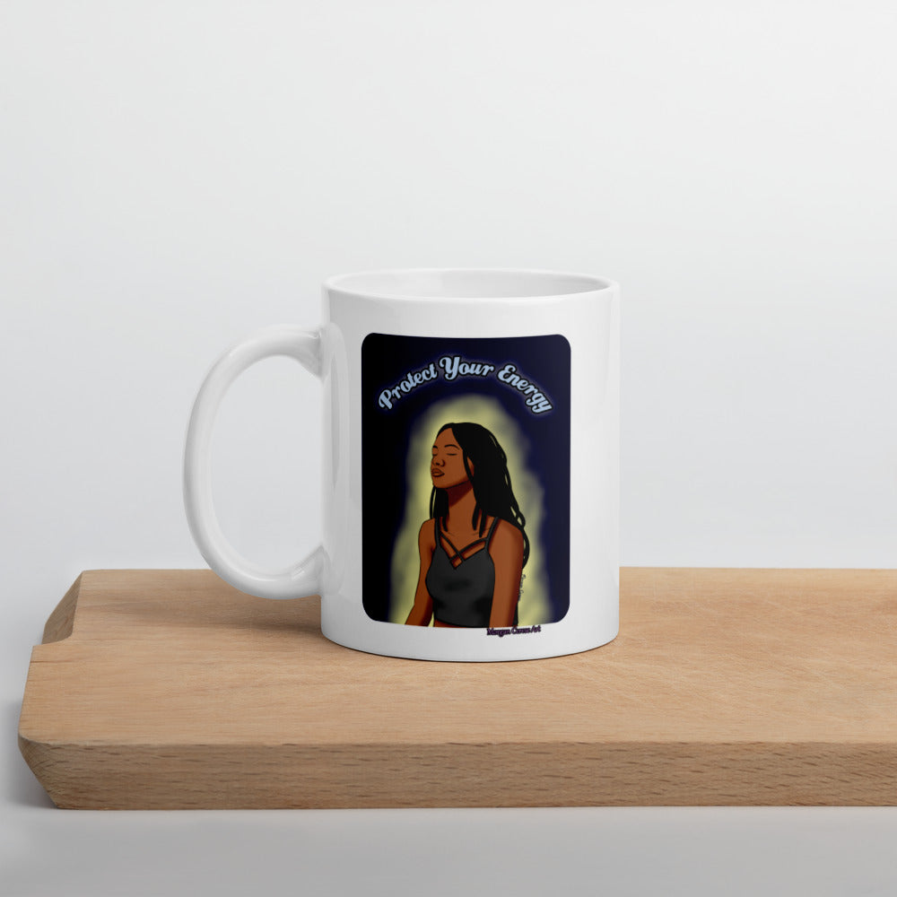 Protect Your Energy (Version 1) Mug - Black Woman With Locs Meditation Art - Morgan Cerese Art