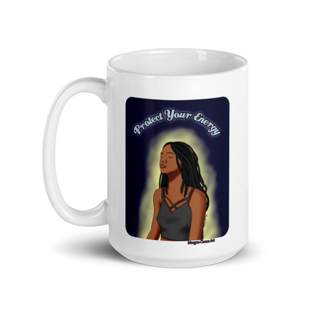 Protect Your Energy (Version 1) Mug - Black Woman With Locs Meditation Art - Morgan Cerese Art